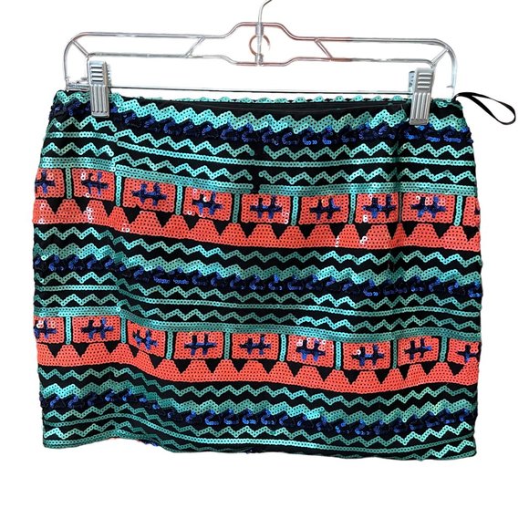 Honey Punch Black Mini Skirt with Orange, Blue and Aqua Sequins Size Large EUC - Picture 3 of 5
